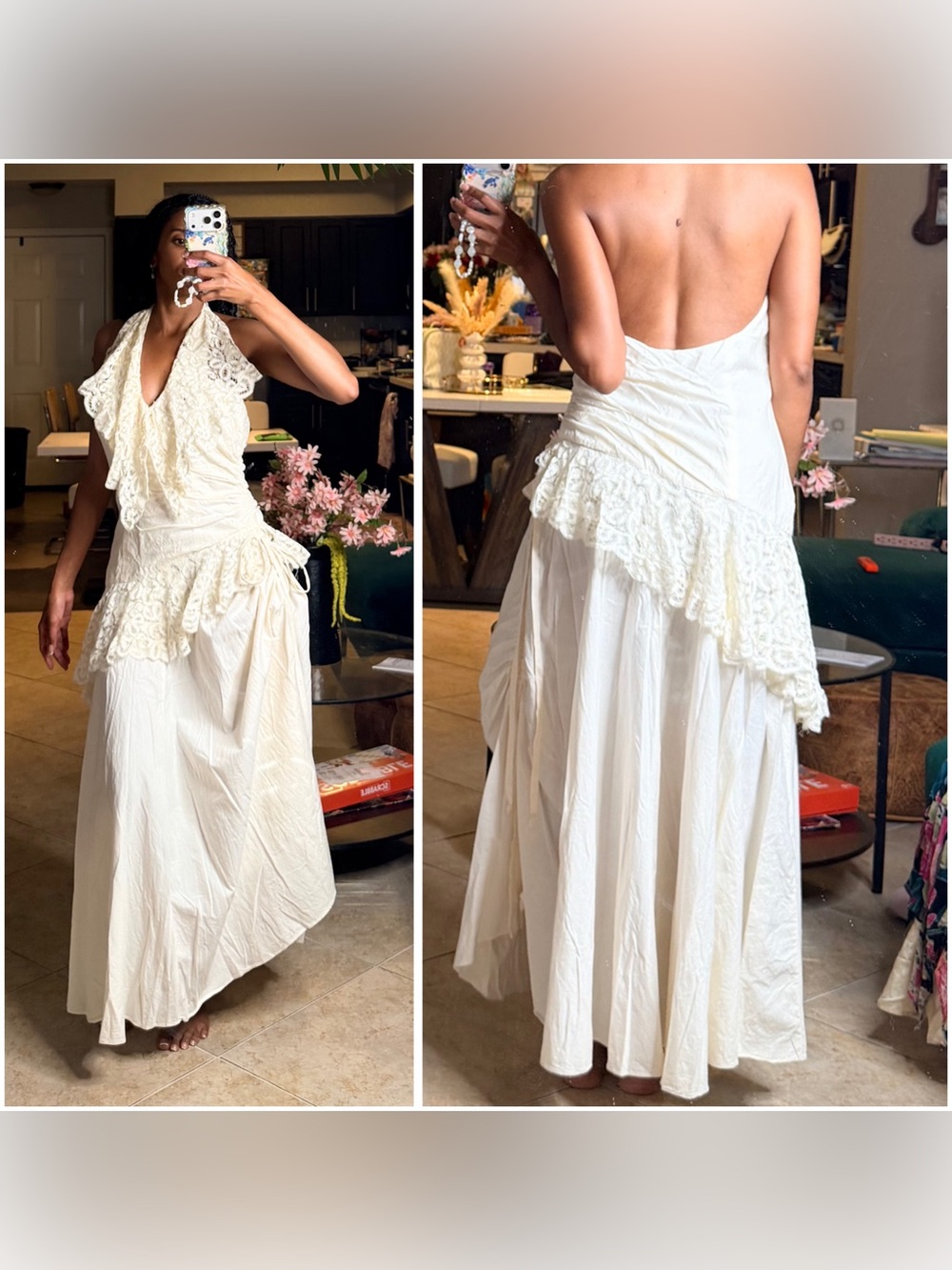 80s b.b Collections Barbara Barbara Ivory Lace Halter Maxi Dress Boho Cottage S
